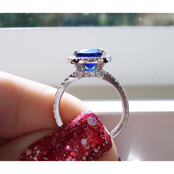 925 STERLING SILVER Cushion Cut Blue Spinel & Cubic Zirconia Halo Ring - Picture 7 of 16